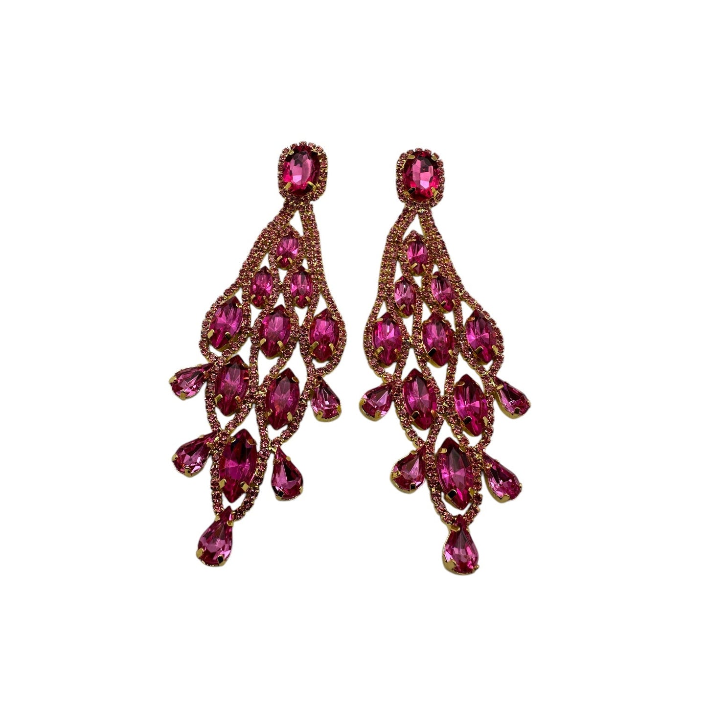 Long Pink Glamorous Diamante Rhinestone Teardrop Tassel Statement Earrings - Fatisha Boutique
