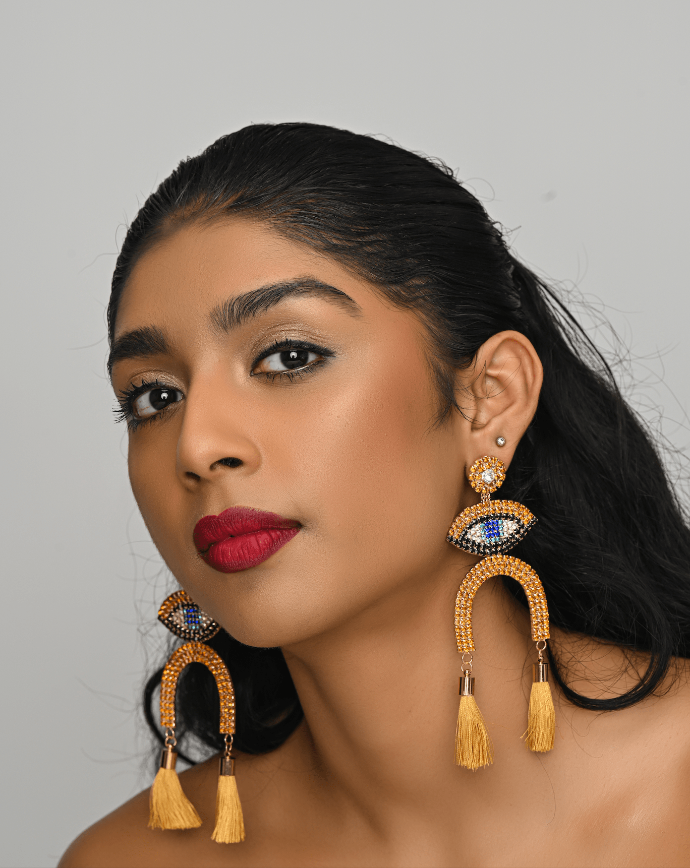 Long Rhinestone Eye Statement Tassel Stud Dangle Drop Earrings - Fatisha Boutique