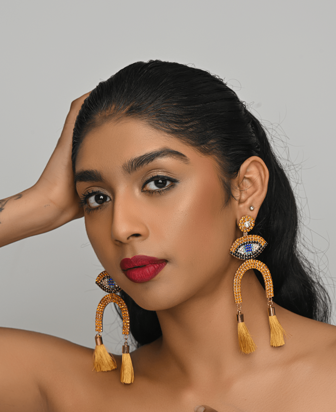 Long Rhinestone Eye Statement Tassel Stud Dangle Drop Earrings - Fatisha Boutique
