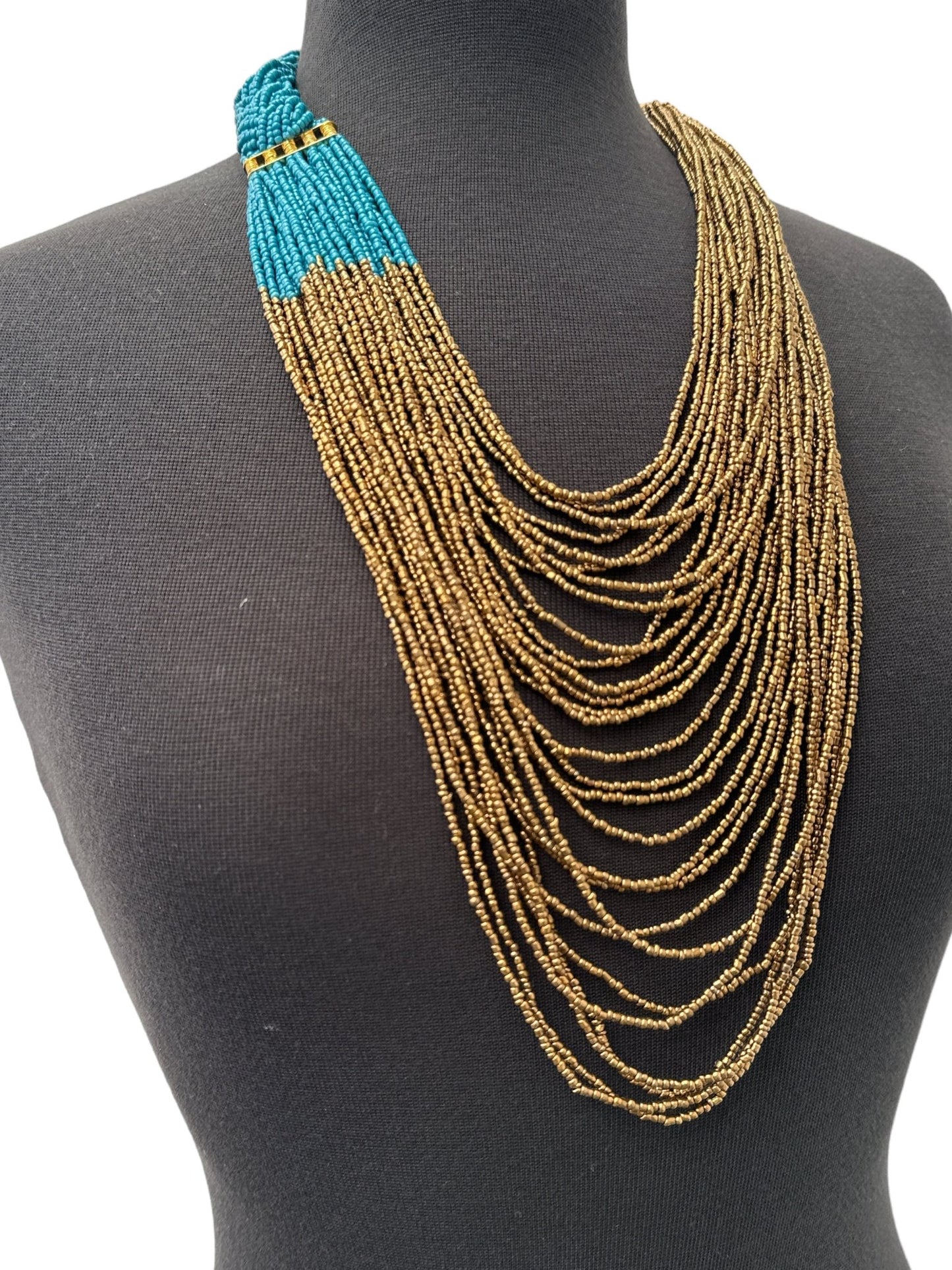Long Teal And Gold Braided Beaded African Ethnic Necklace - Fatisha Boutique