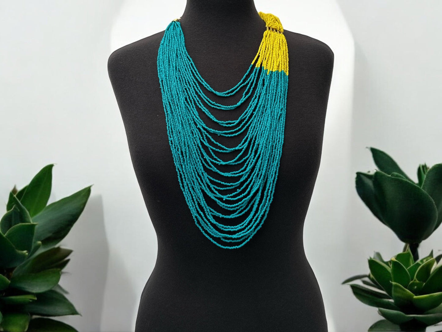 Long Turquoise And Yellow Braided Beaded African Ethnic Necklace - Fatisha Boutique