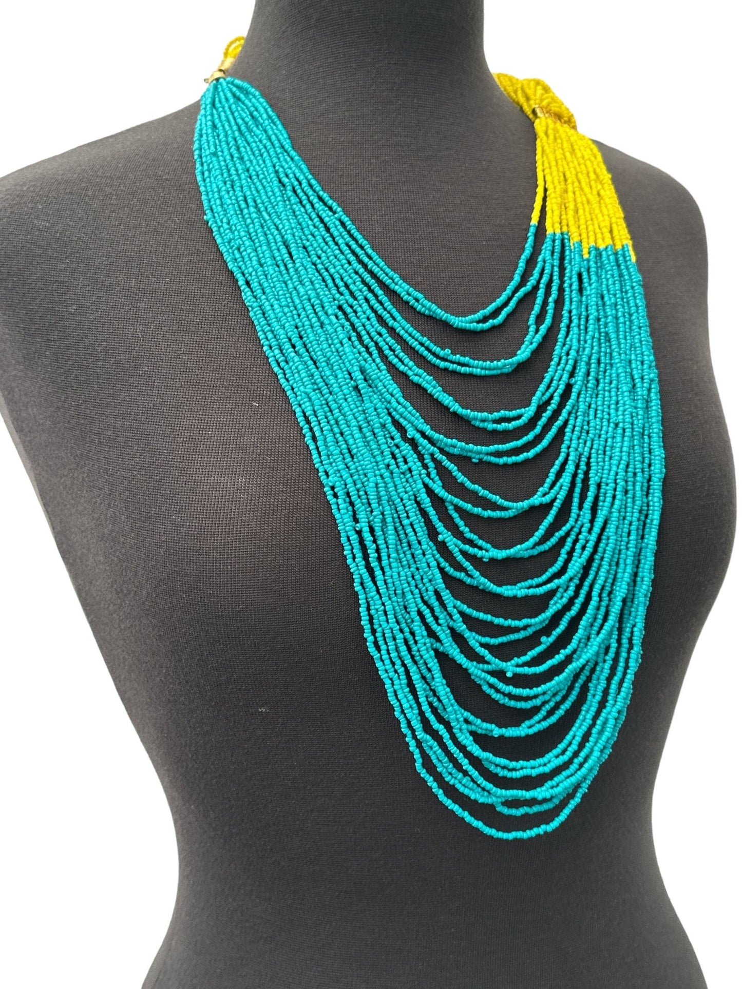 Long Turquoise And Yellow Braided Beaded African Ethnic Necklace - Fatisha Boutique