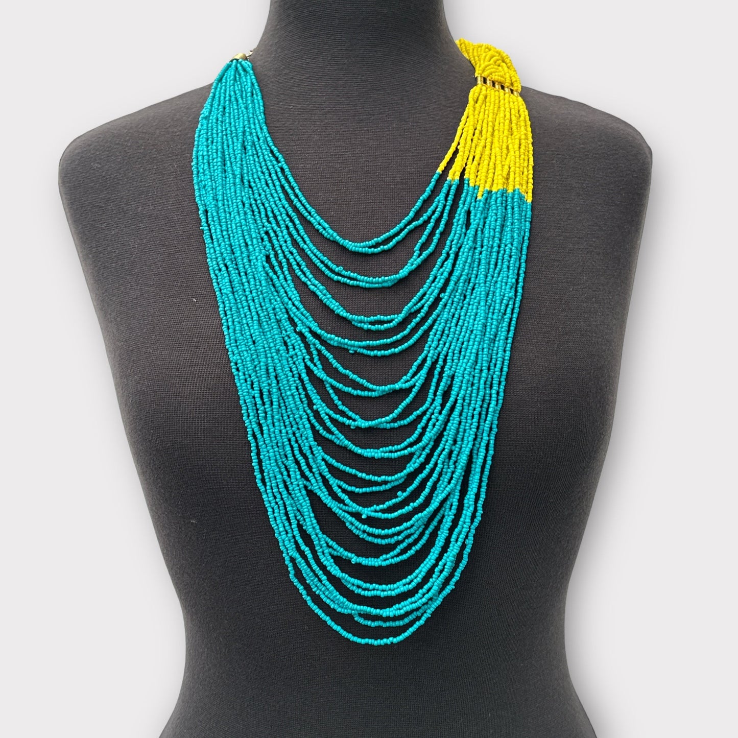 Long Turquoise And Yellow Braided Beaded African Ethnic Necklace - Fatisha Boutique