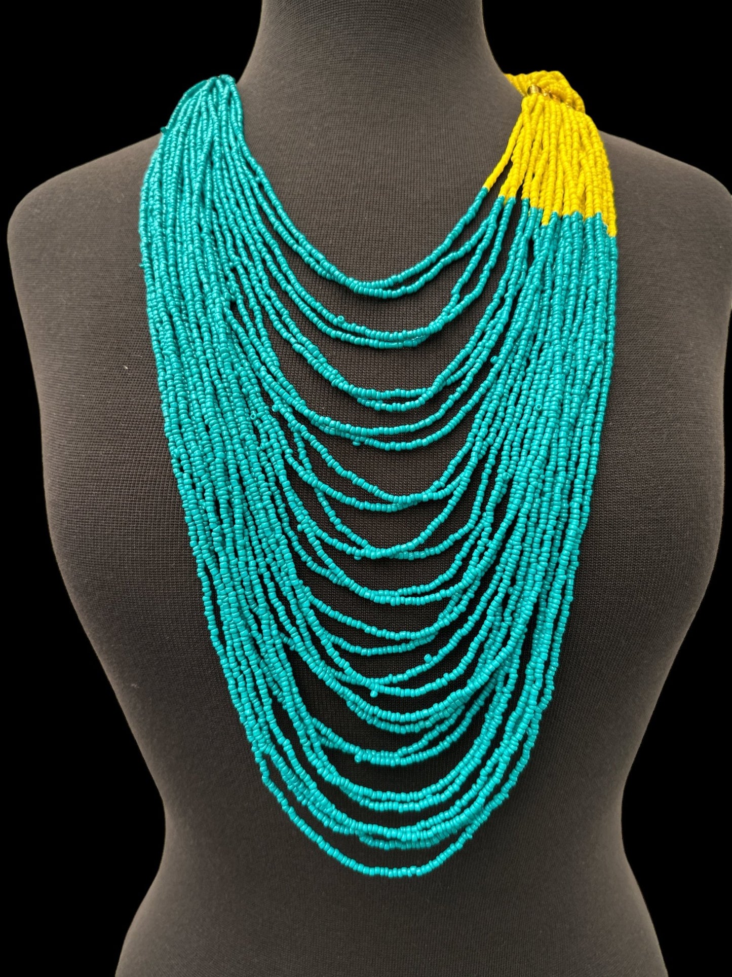 Long Turquoise And Yellow Braided Beaded African Ethnic Necklace - Fatisha Boutique