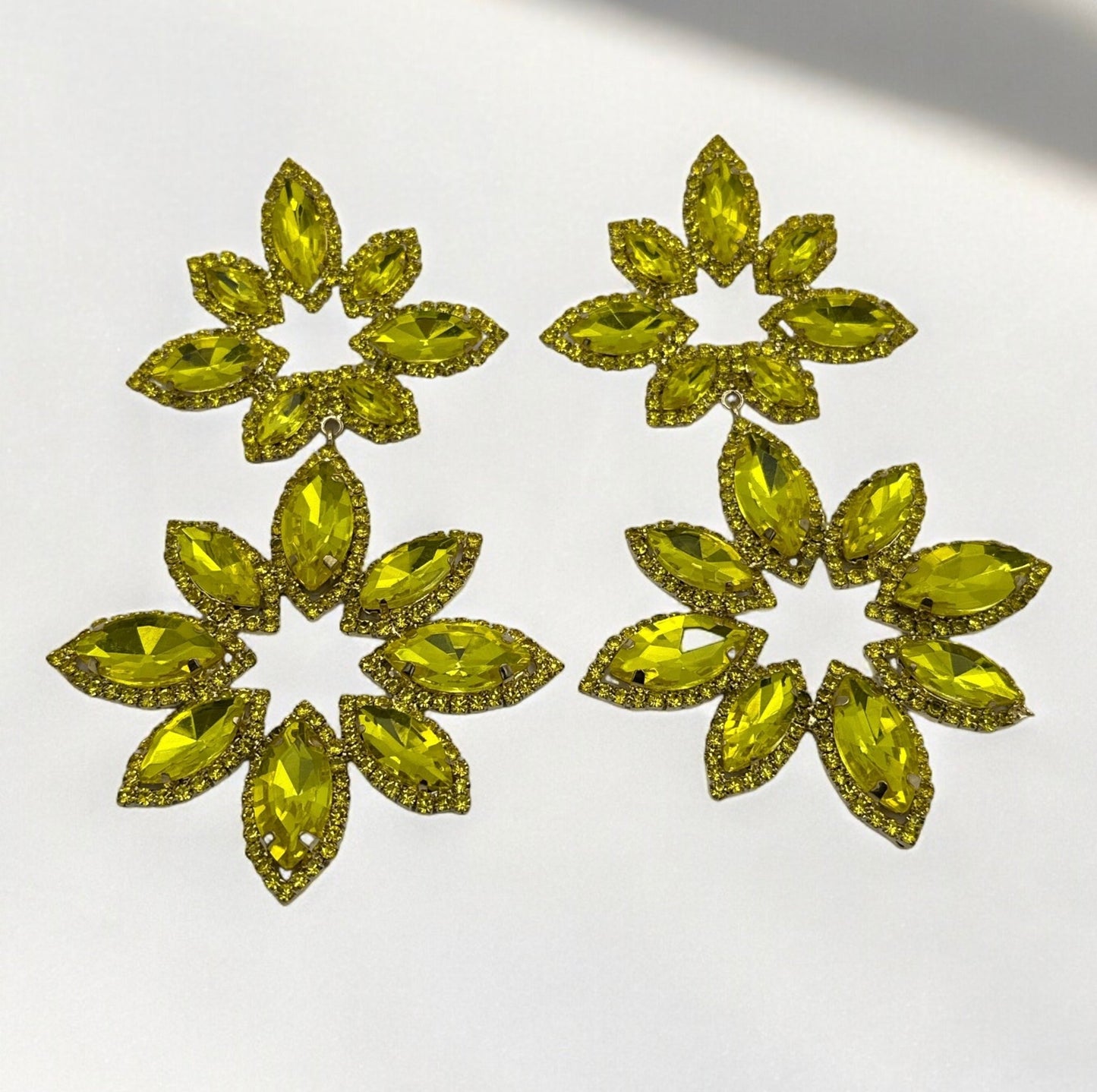 Long Yellow Glamorous Diamante Rhinestone Daisy Flower Statement Earrings - Fatisha Boutique