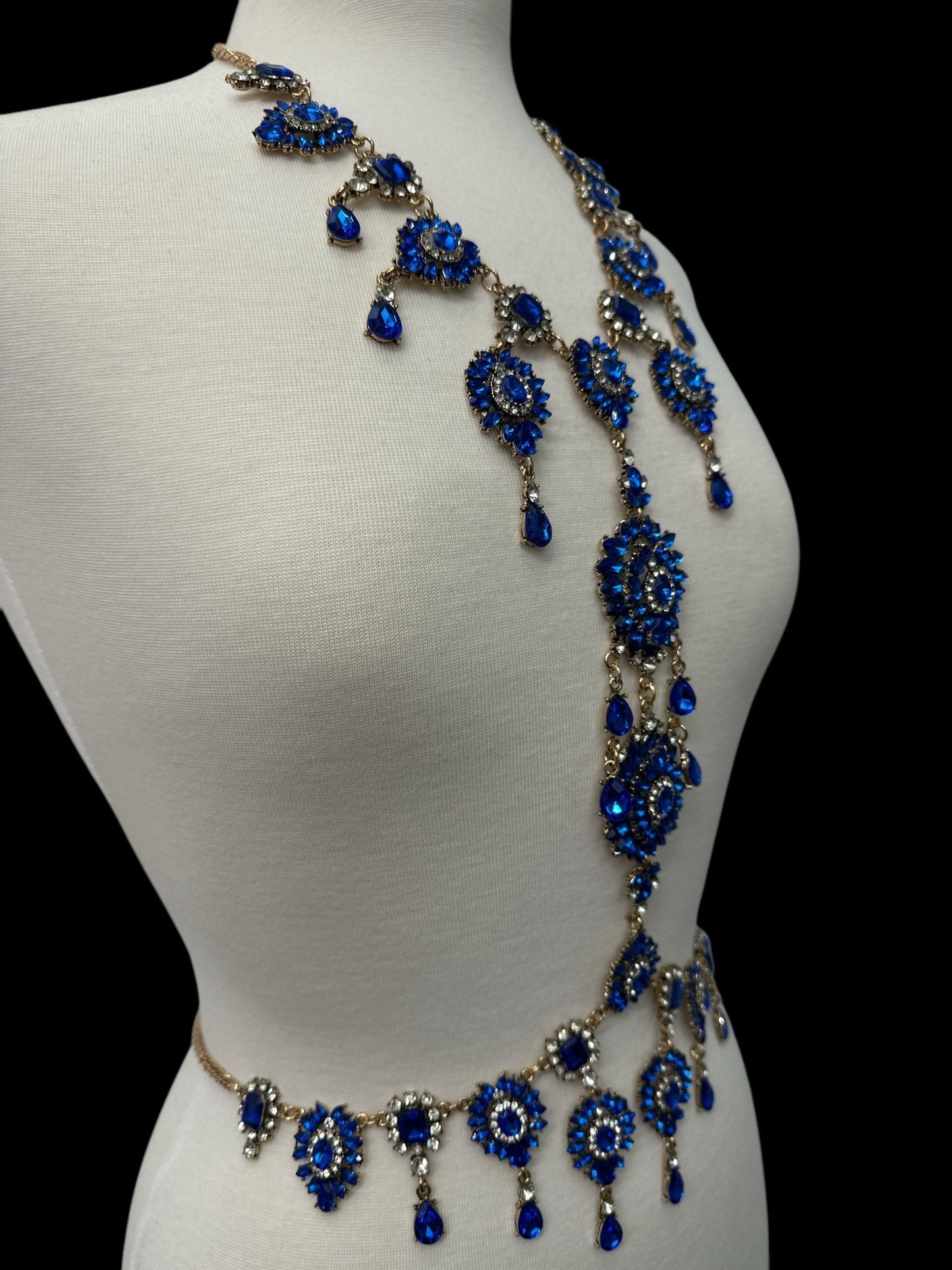 Luxury Blue Statement Rhinestone Body Chain – Crystal Bridal & Evening Wear Jewellery - Fatisha Boutique