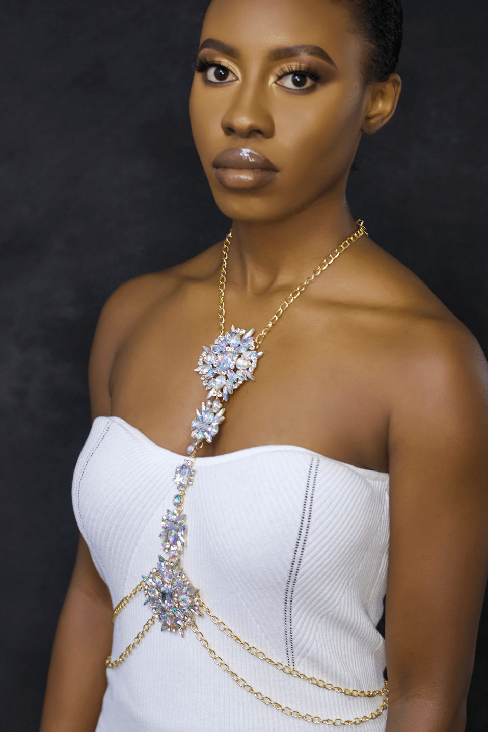 Luxury Rhinestone Crystal Statement Body Chain – Gold Plated, Festival & Party Jewellery - Fatisha Boutique