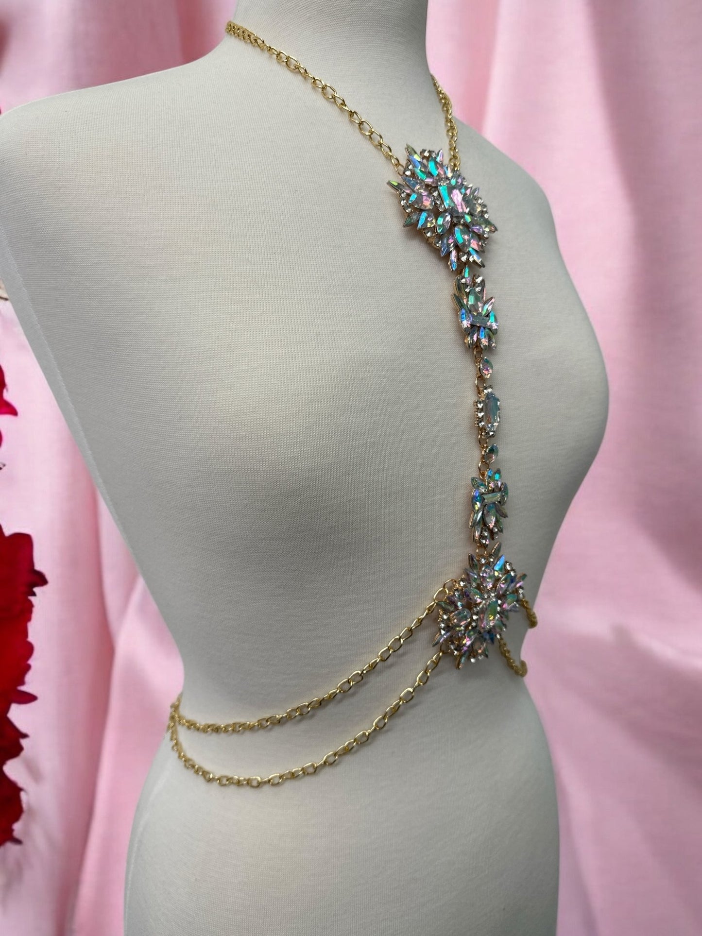 Luxury Rhinestone Crystal Statement Body Chain – Gold Plated, Festival & Party Jewellery - Fatisha Boutique
