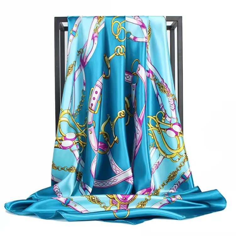Luxury Square Satin Silk Scarf – Elegant Chain & Buckle Print for Women - Fatisha Boutique