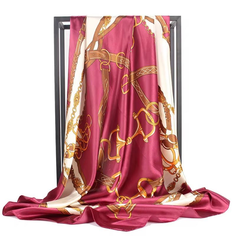 Luxury Square Satin Silk Scarf – Elegant Chain & Buckle Print for Women - Fatisha Boutique
