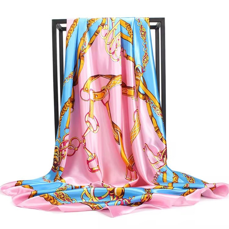 Luxury Square Satin Silk Scarf – Elegant Chain & Buckle Print for Women - Fatisha Boutique