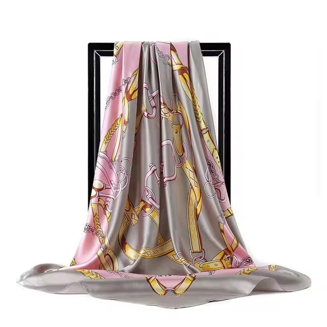 Luxury Square Satin Silk Scarf – Elegant Chain & Buckle Print for Women - Fatisha Boutique