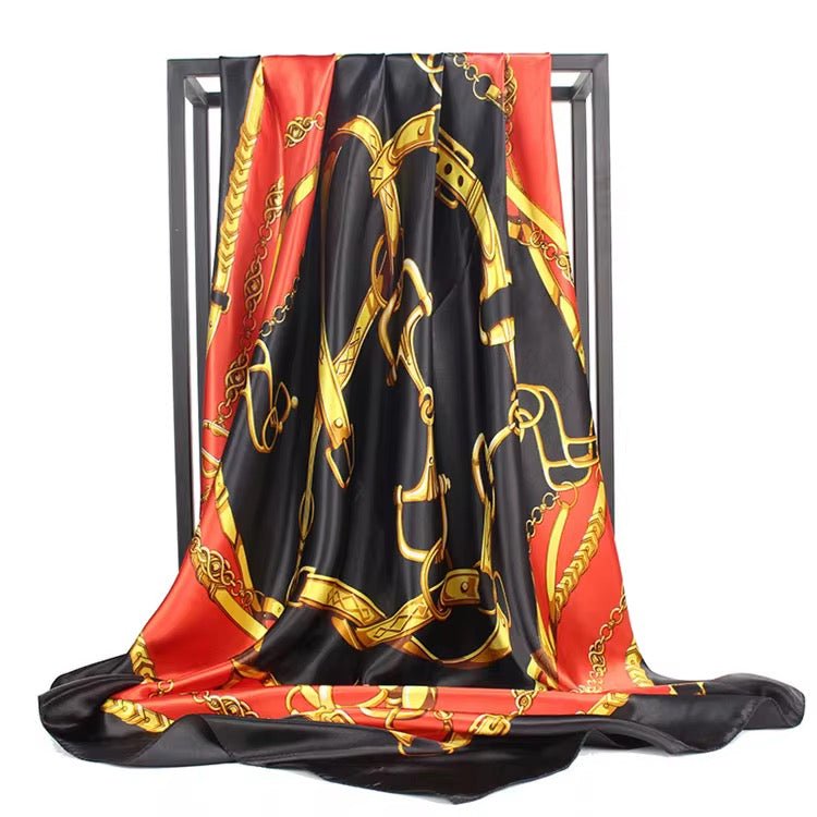 Luxury Square Satin Silk Scarf – Elegant Chain & Buckle Print for Women - Fatisha Boutique