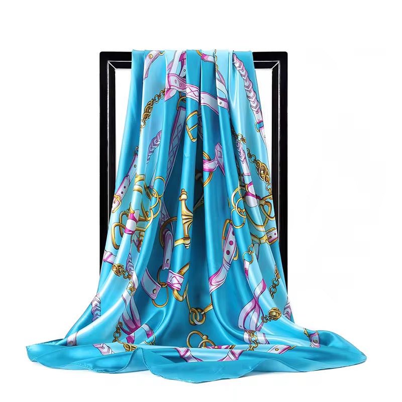 Luxury Square Satin Silk Scarf – Elegant Chain & Buckle Print for Women - Fatisha Boutique