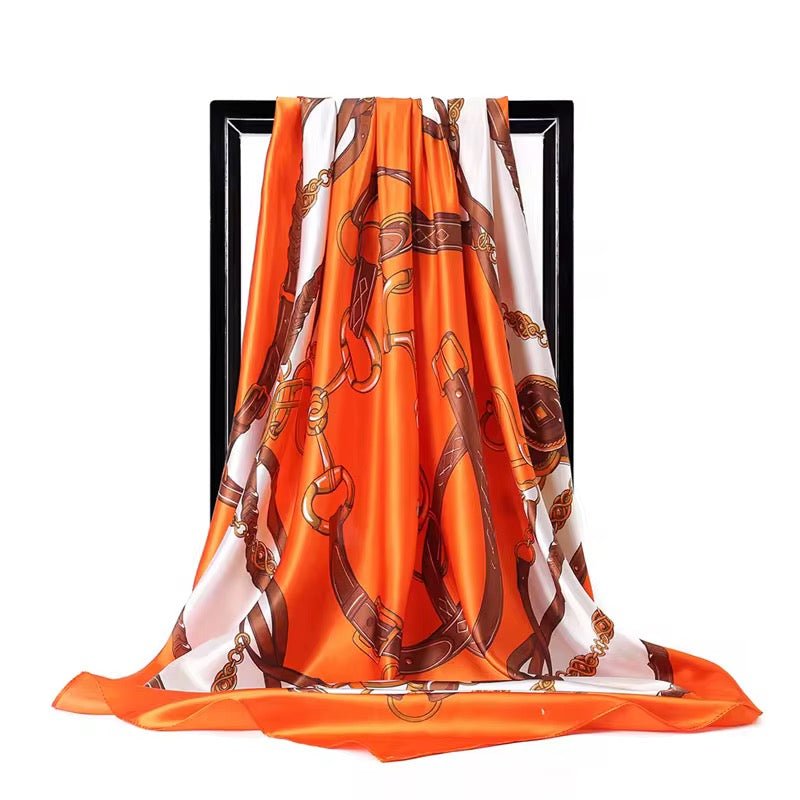 Luxury Square Satin Silk Scarf – Elegant Chain & Buckle Print for Women - Fatisha Boutique