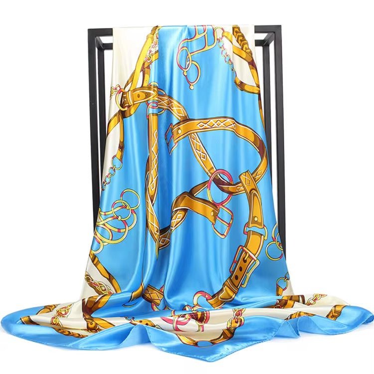 Luxury Square Satin Silk Scarf – Elegant Chain & Buckle Print for Women - Fatisha Boutique