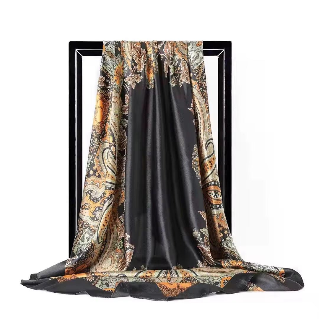 Luxury Square Satin Silk Scarf – Elegant Floral Paisley Print for Women - Fatisha Boutique