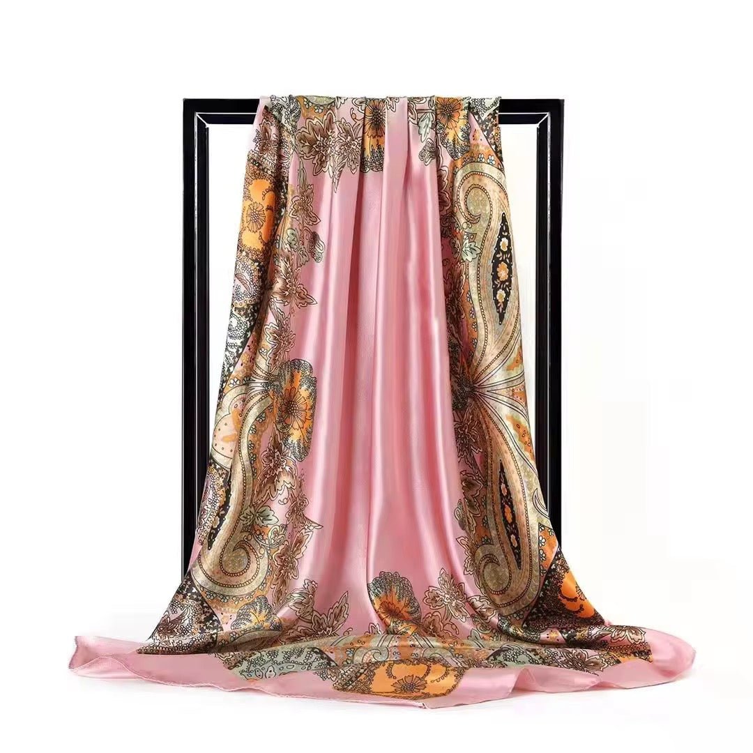 Luxury Square Satin Silk Scarf – Elegant Floral Paisley Print for Women - Fatisha Boutique