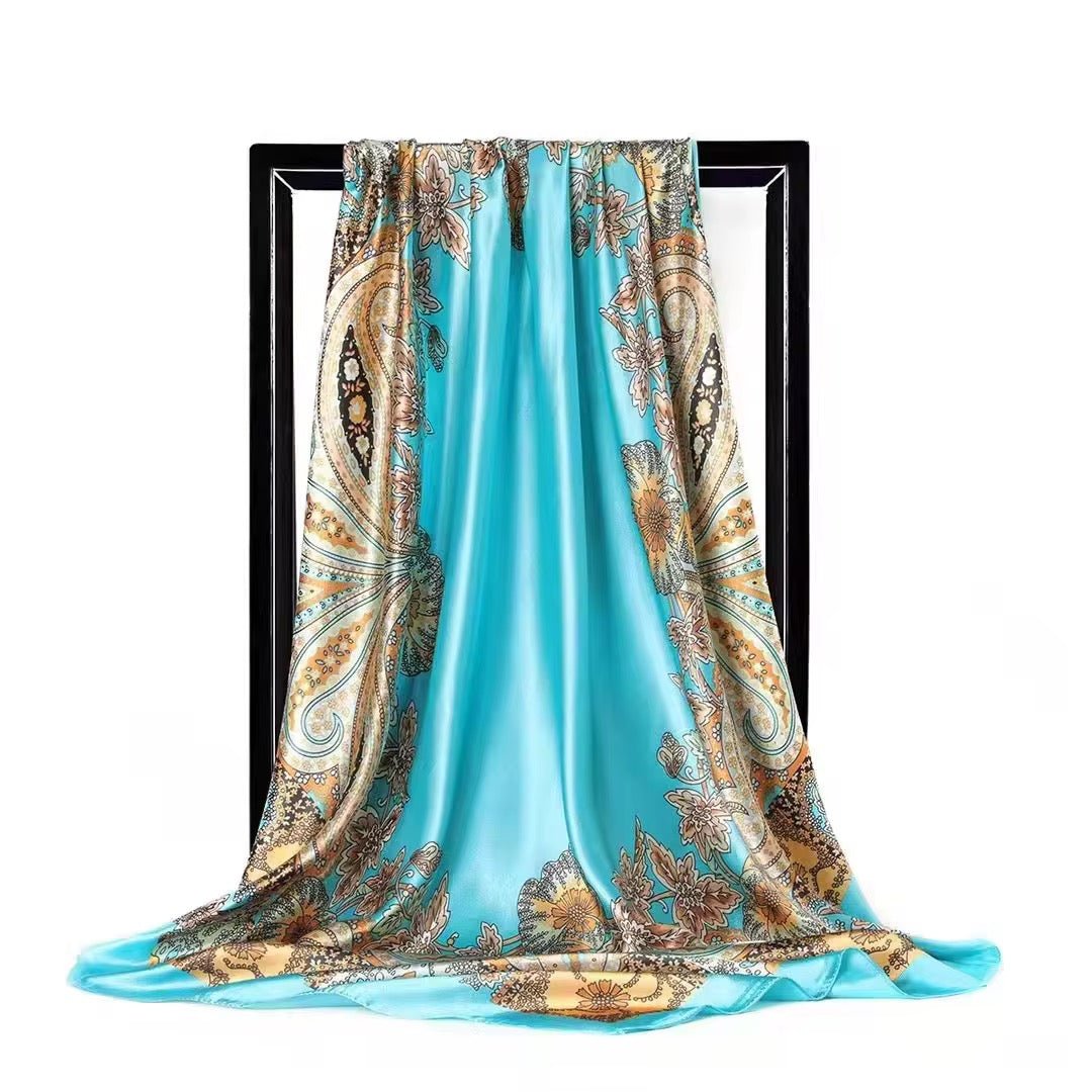 Luxury Square Satin Silk Scarf – Elegant Floral Paisley Print for Women - Fatisha Boutique