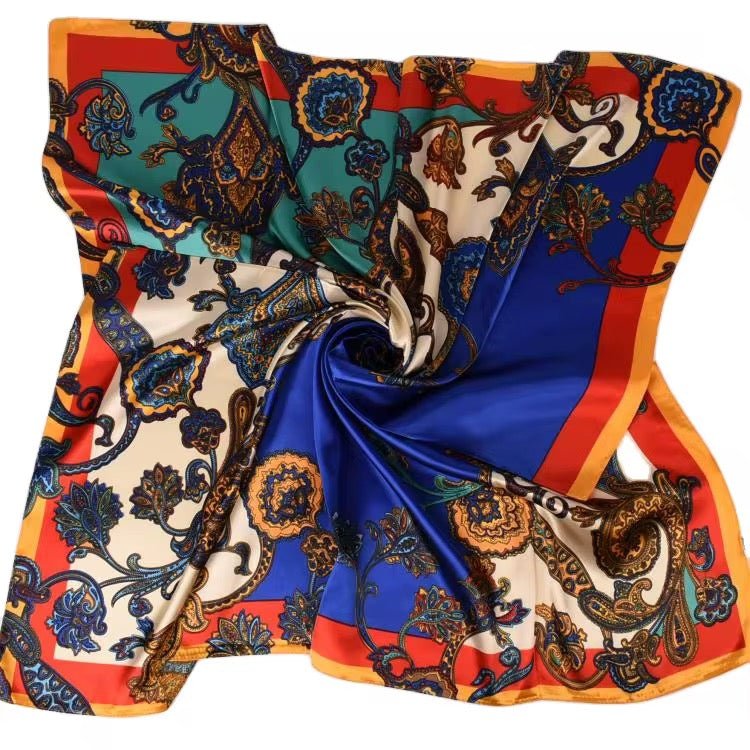 Luxury Square Satin Silk Scarf – Elegant Floral & Paisley Print for Women - Fatisha Boutique