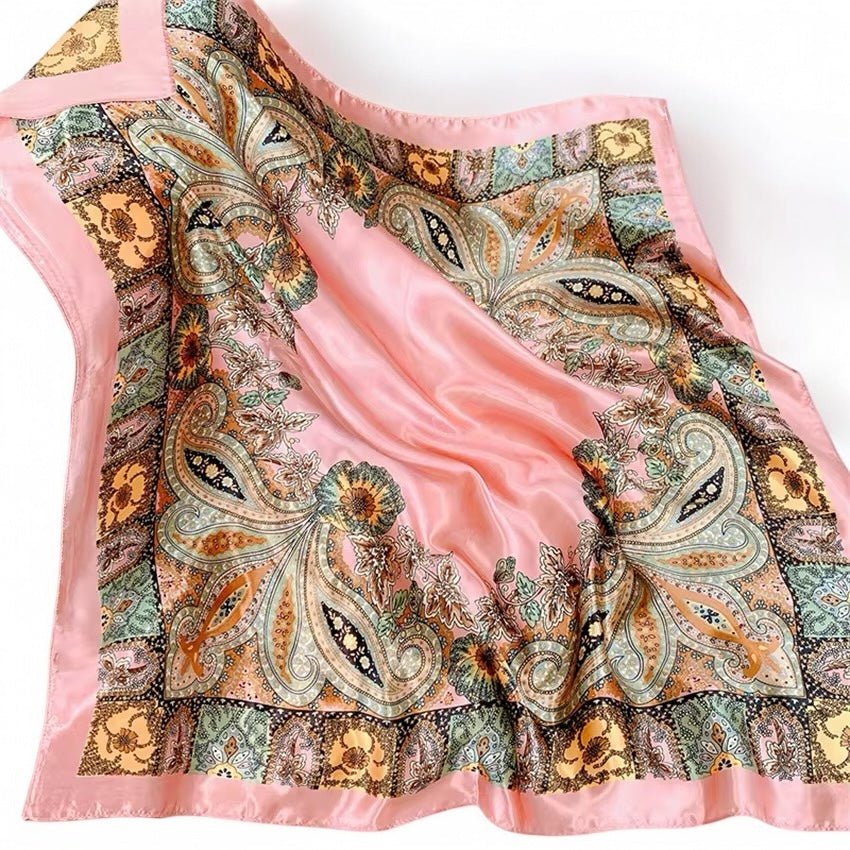 Luxury Square Satin Silk Scarf – Elegant Floral Paisley Print for Women - Fatisha Boutique
