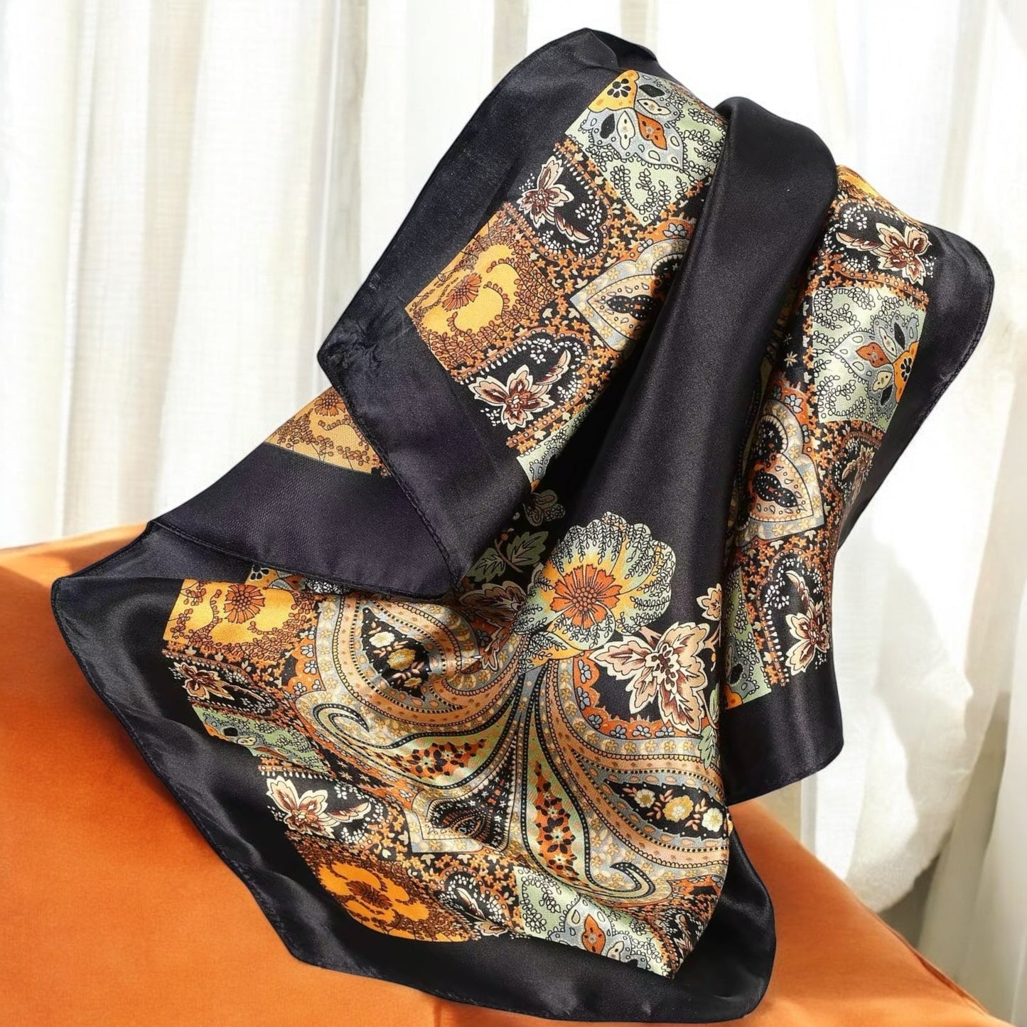 Luxury Square Satin Silk Scarf – Elegant Floral Paisley Print for Women - Fatisha Boutique