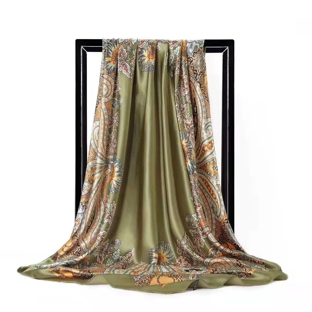 Luxury Square Satin Silk Scarf – Elegant Floral Paisley Print for Women - Fatisha Boutique