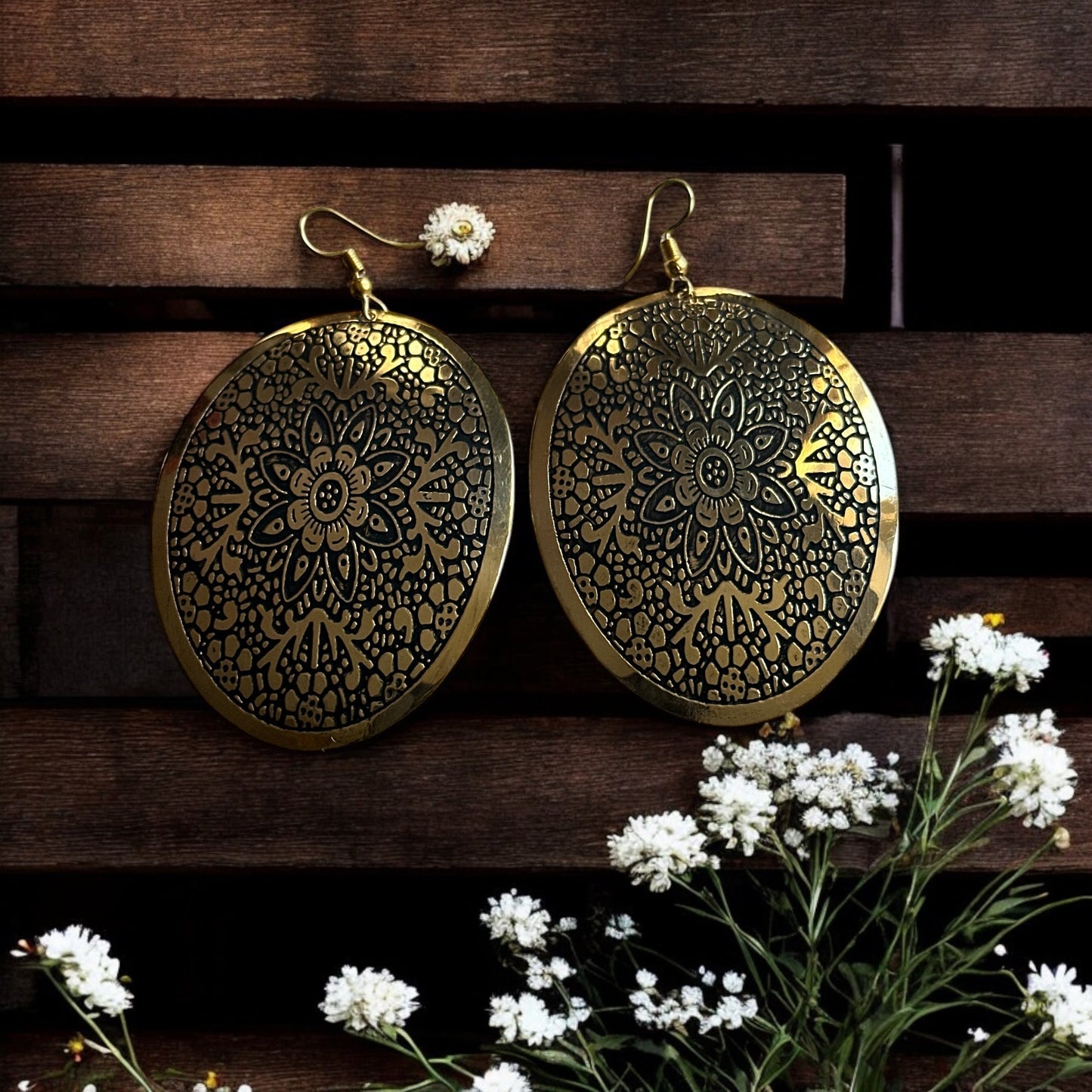 Mandala - Engraved Brass Dangle Earrings – Bohemian Statement Jewellery - Fatisha Boutique