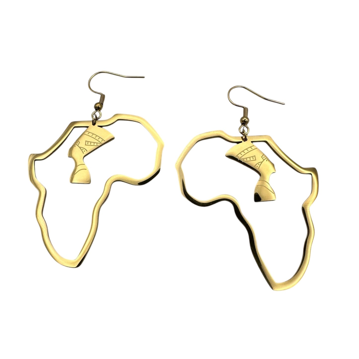 Medium Africa Map Shaped Queen Nefertiti Dangle Statement Earrings (Gold or Silver) - Fatisha Boutique