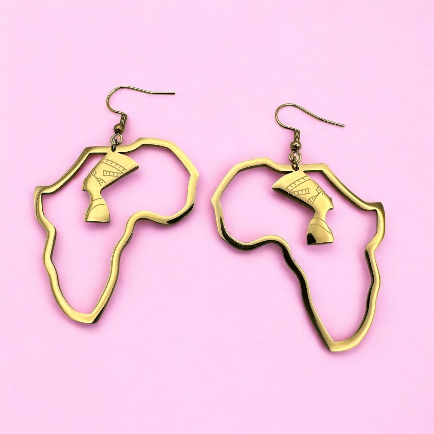 Medium Africa Map Shaped Queen Nefertiti Dangle Statement Earrings (Gold or Silver) - Fatisha Boutique
