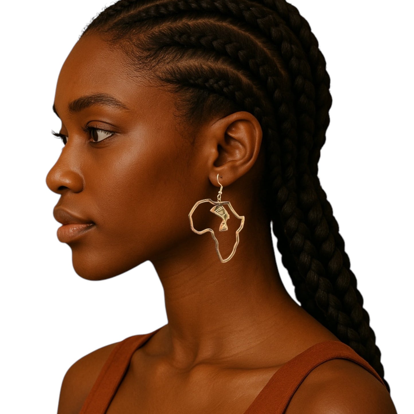Medium Africa Map Shaped Queen Nefertiti Dangle Statement Earrings (Gold or Silver) - Fatisha Boutique
