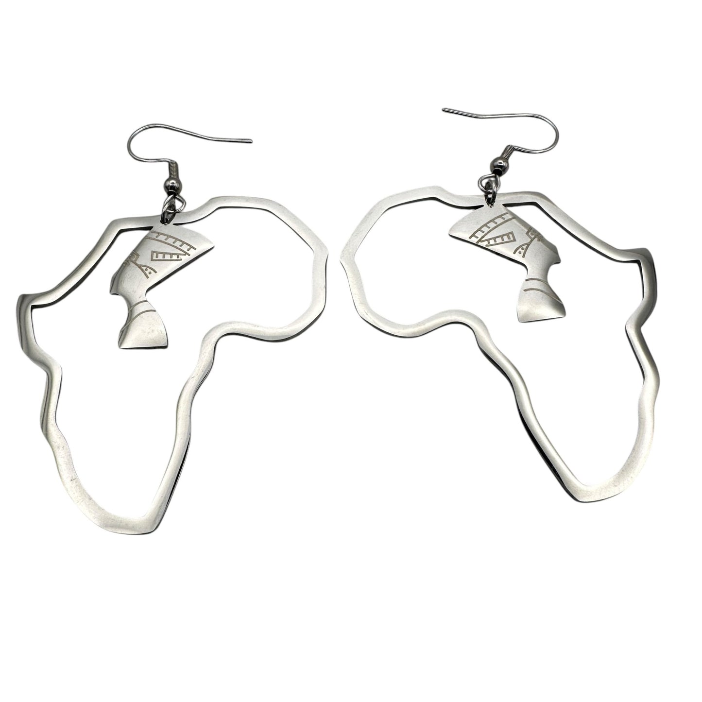 Medium Africa Map Shaped Queen Nefertiti Dangle Statement Earrings (Gold or Silver) - Fatisha Boutique