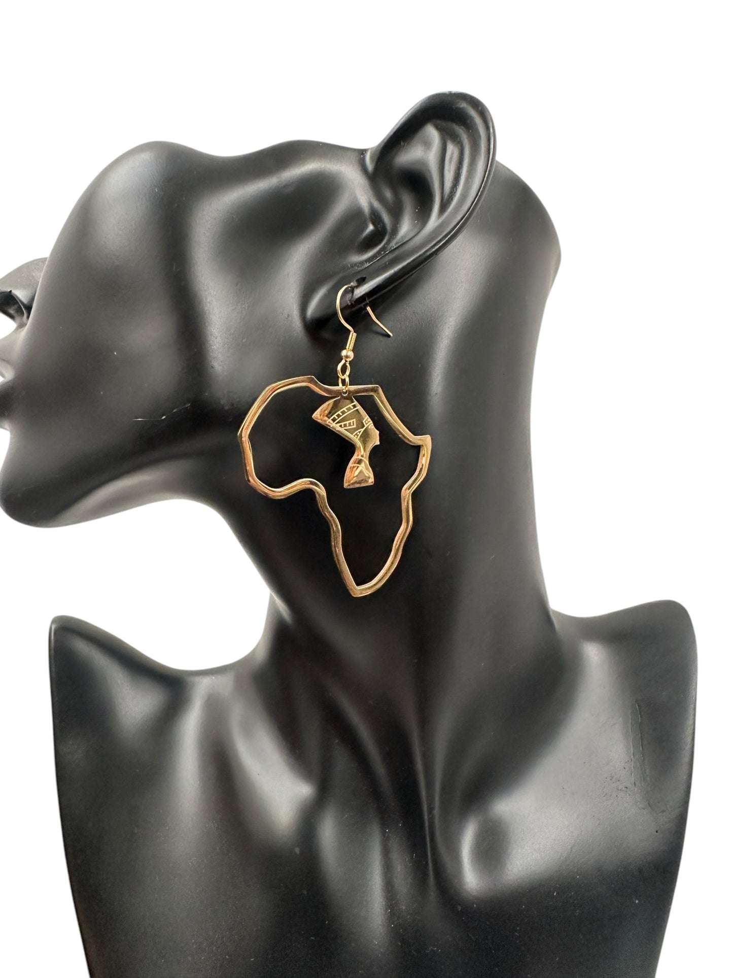 Medium Africa Map Shaped Queen Nefertiti Dangle Statement Earrings (Gold or Silver) - Fatisha Boutique