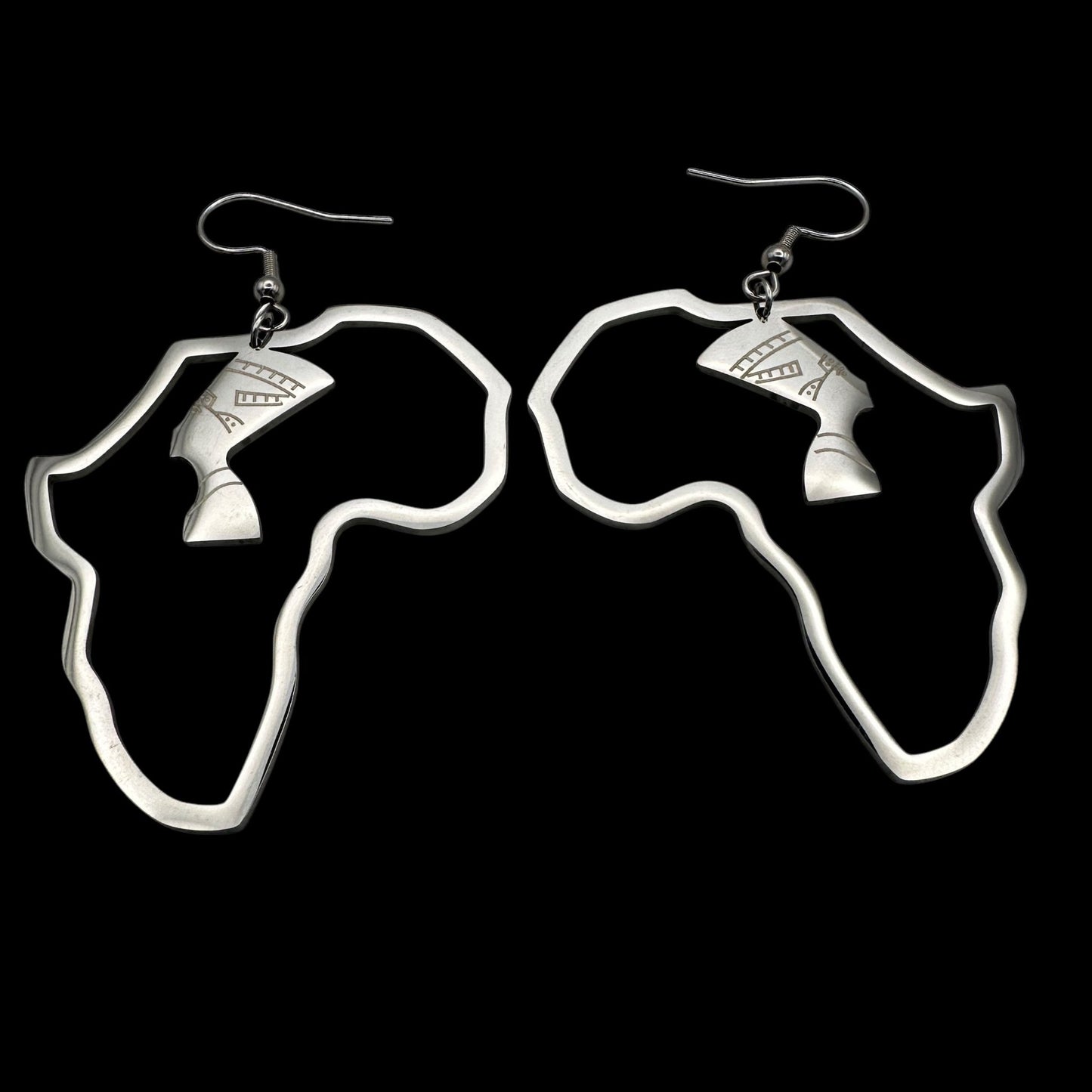 Medium Africa Map Shaped Queen Nefertiti Dangle Statement Earrings (Gold or Silver) - Fatisha Boutique