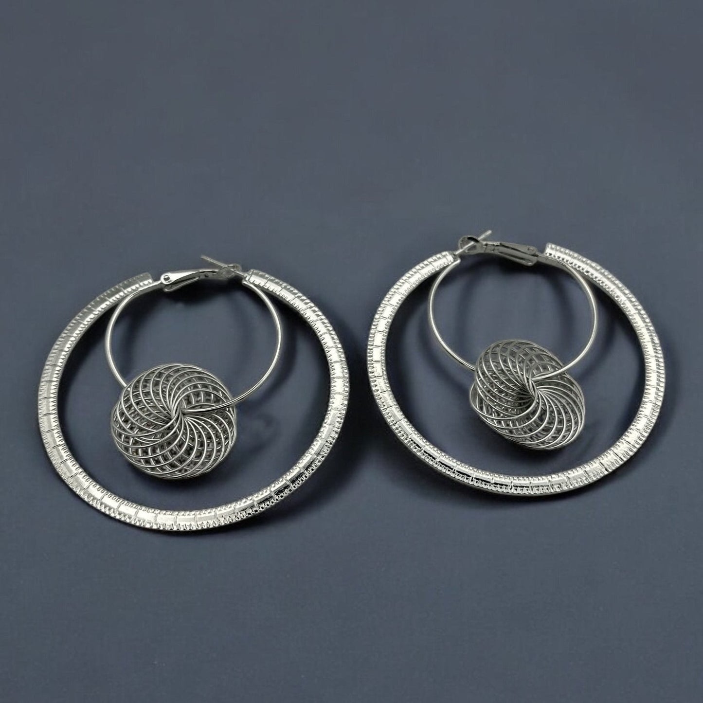 Modern Spiral Elegant Geometric Hoop Earrings with Textured Centerpiece - Fatisha Boutique