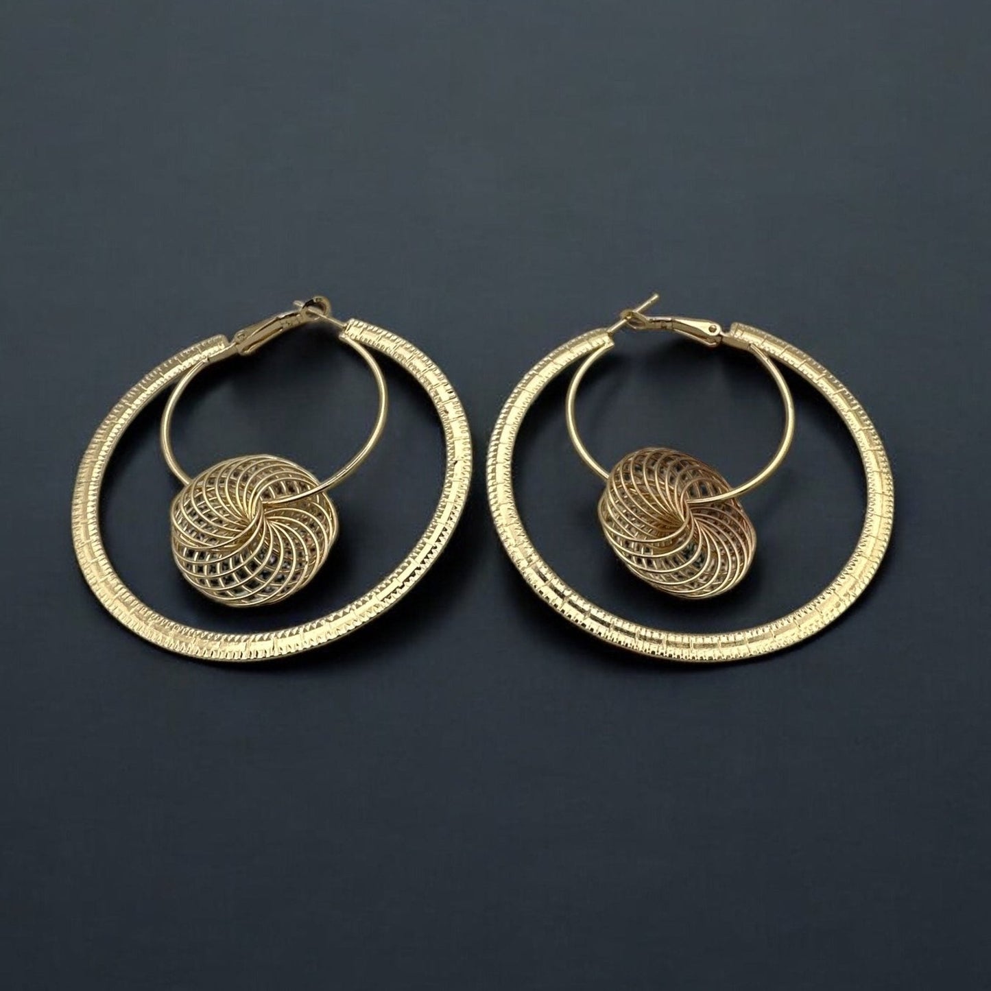 Modern Spiral Elegant Geometric Hoop Earrings with Textured Centerpiece - Fatisha Boutique