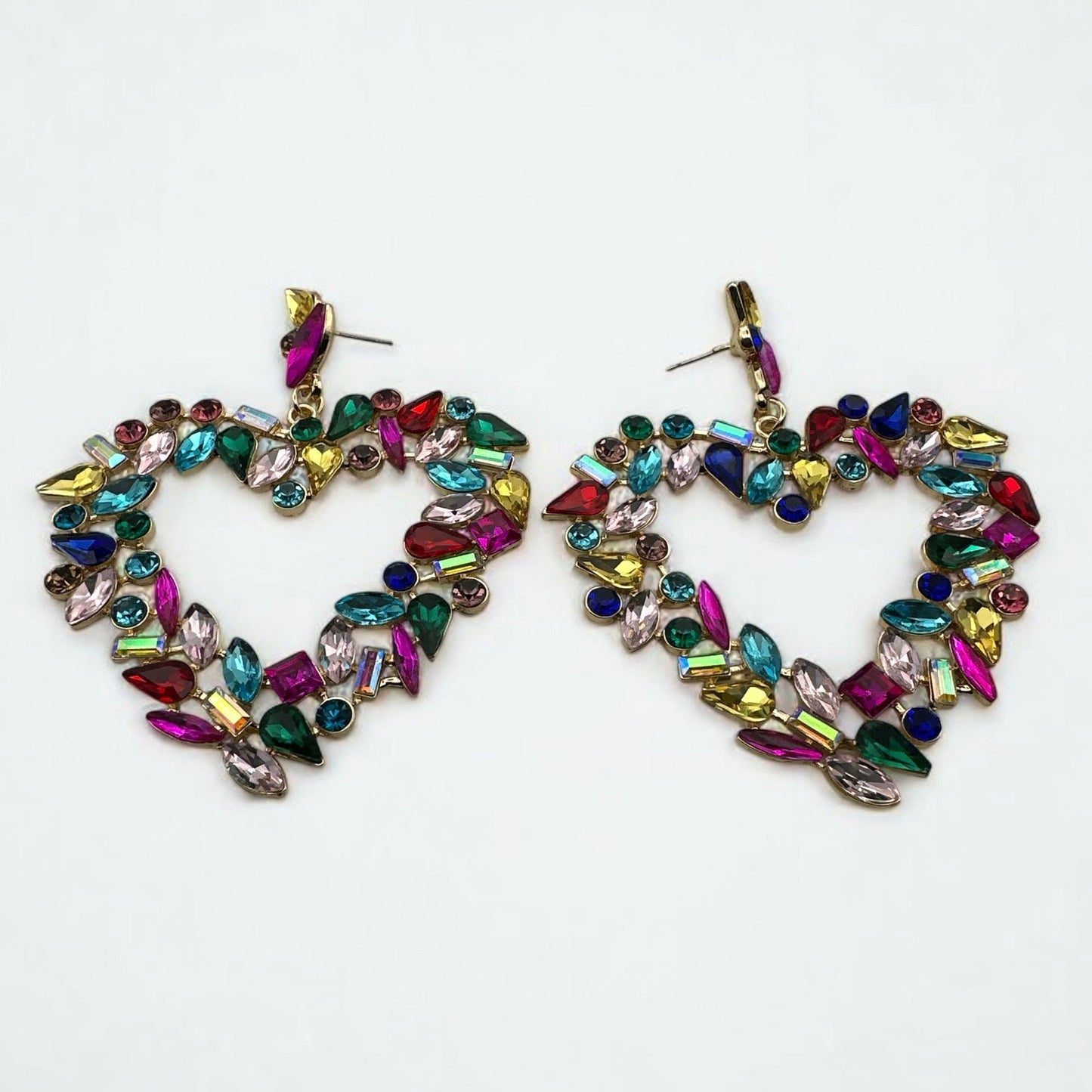 Multicolour Heart Shaped Design Rhinestones Statement Dangle Earrings - Fatisha Boutique