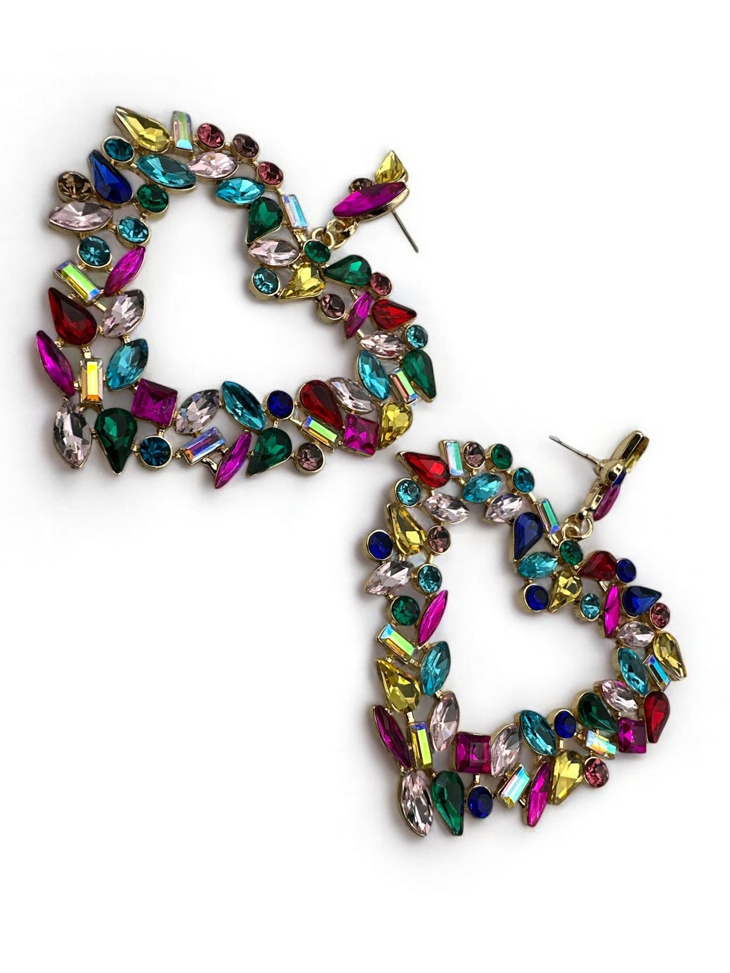 Multicolour Heart Shaped Design Rhinestones Statement Dangle Earrings - Fatisha Boutique
