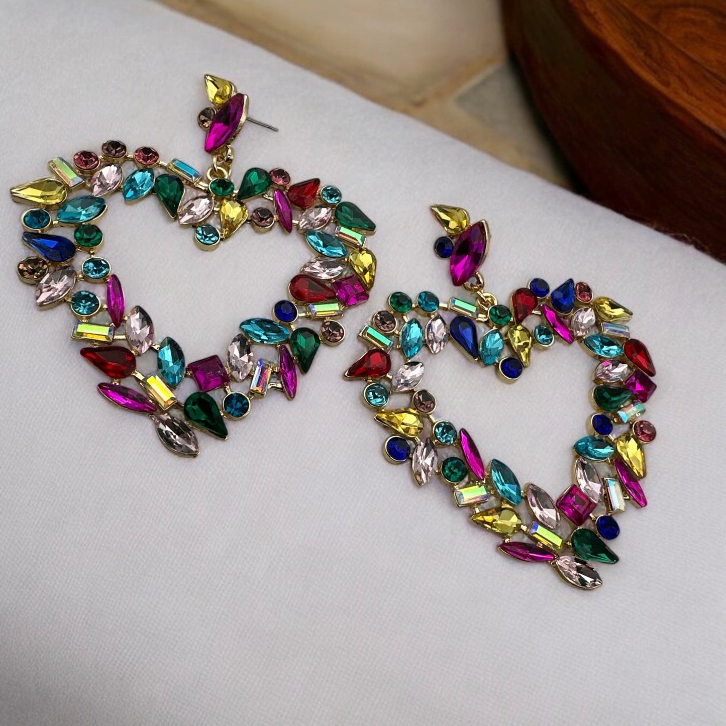 Multicolour Heart Shaped Design Rhinestones Statement Dangle Earrings - Fatisha Boutique