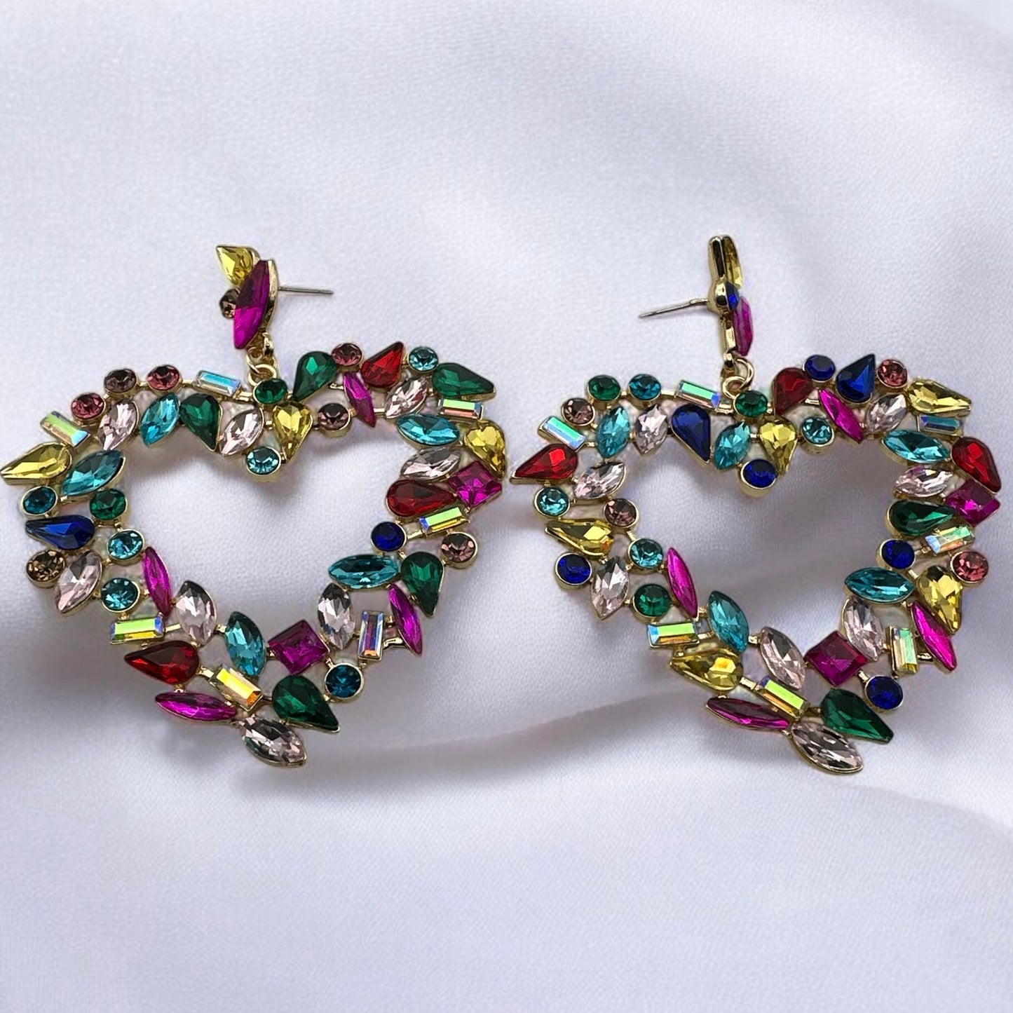 Multicolour Heart Shaped Design Rhinestones Statement Dangle Earrings - Fatisha Boutique