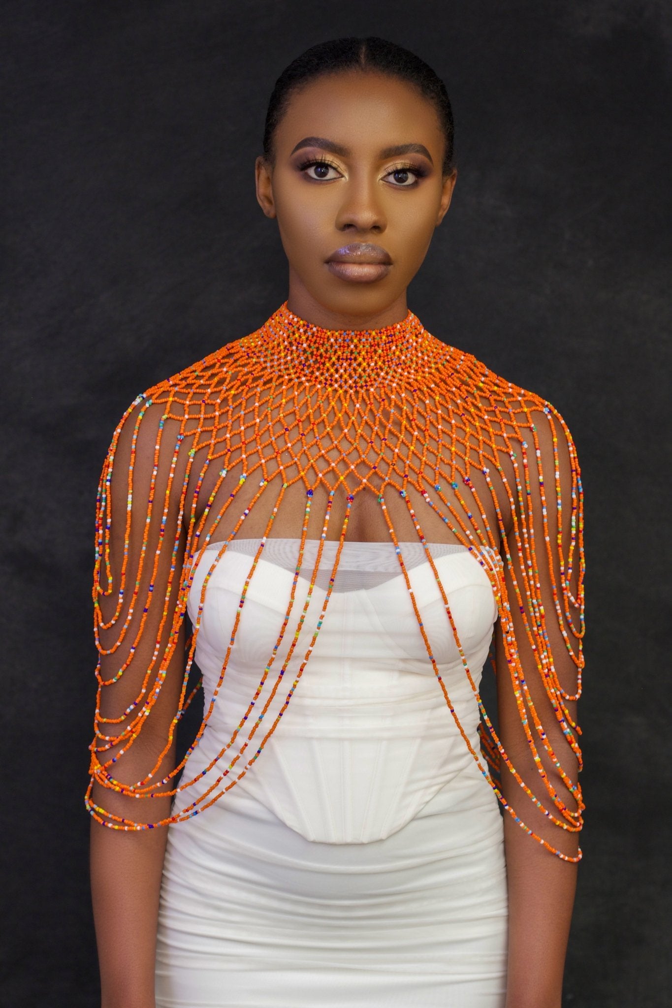 Orange Authentic Maasai Zulu Ethnic Beaded Collar Shoulder Body Jewellery - Fatisha Boutique