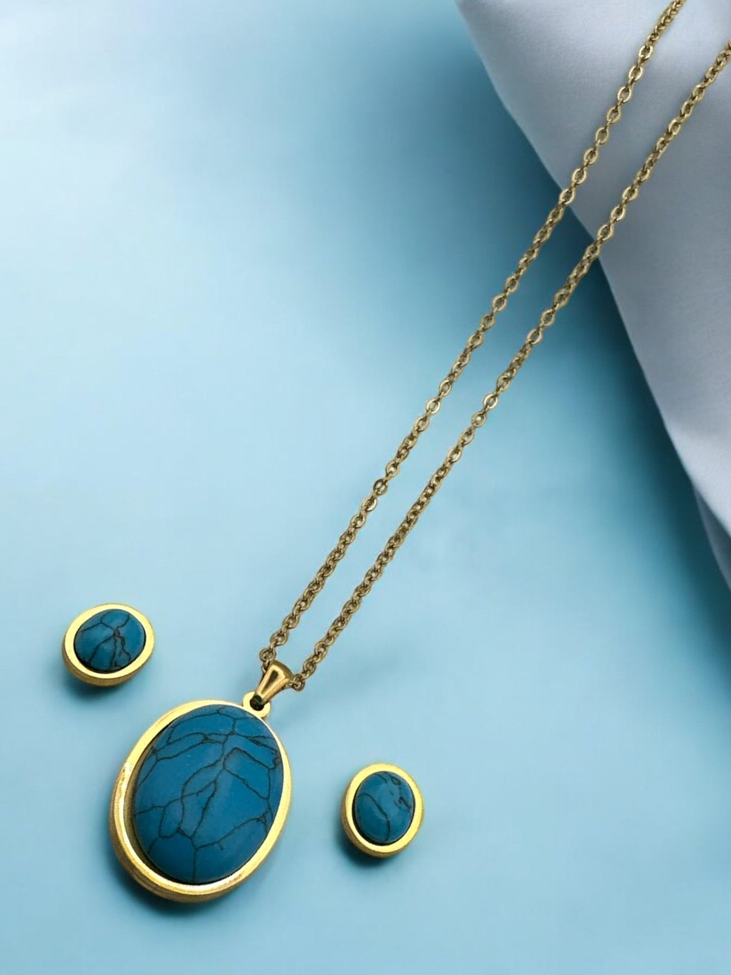 Oval Pendant Necklace & Earrings Stainless Steel Turquoise Jewellery Set - Fatisha Boutique