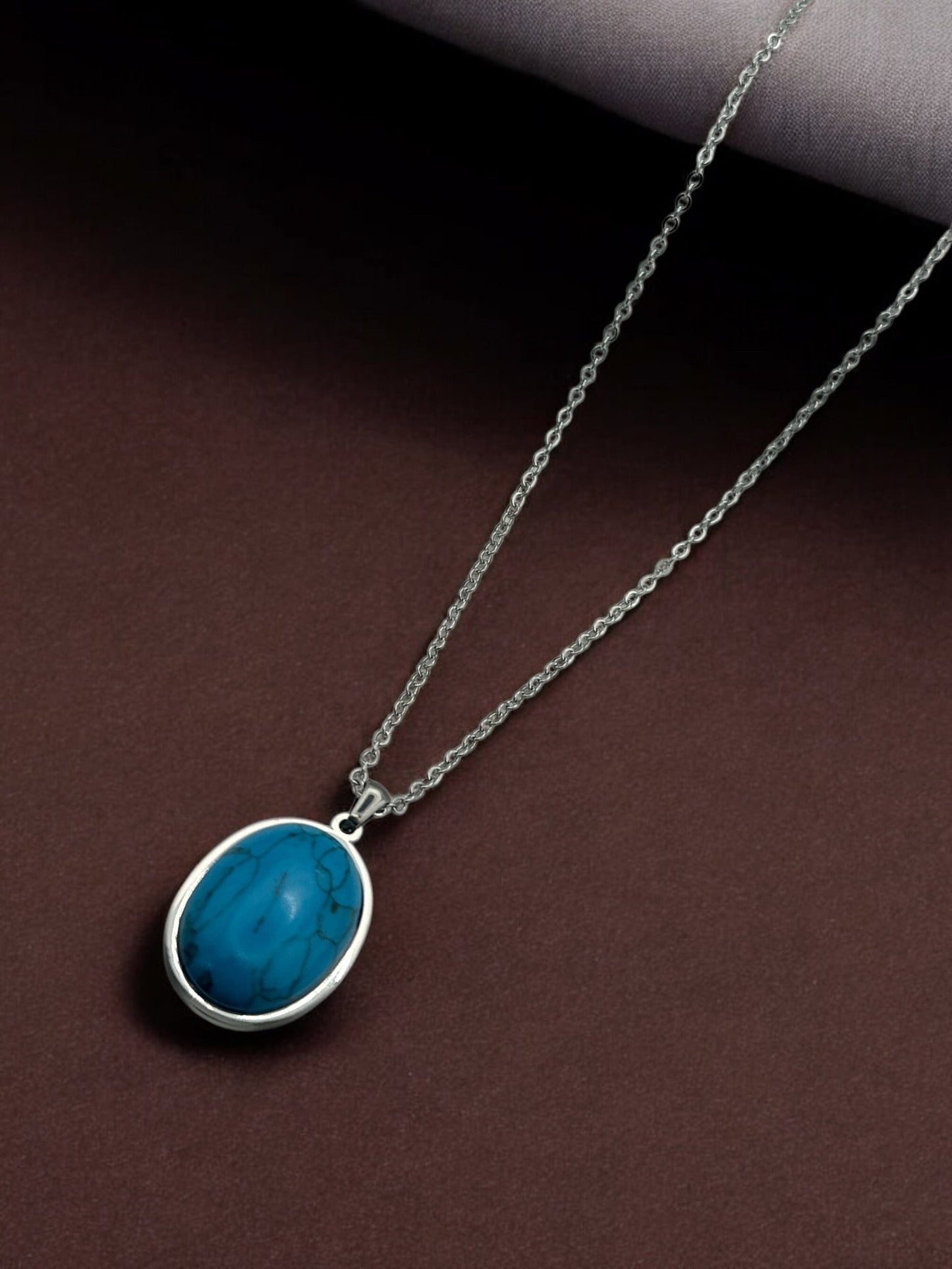 Oval Pendant Necklace & Earrings Stainless Steel Turquoise Jewellery Set - Fatisha Boutique