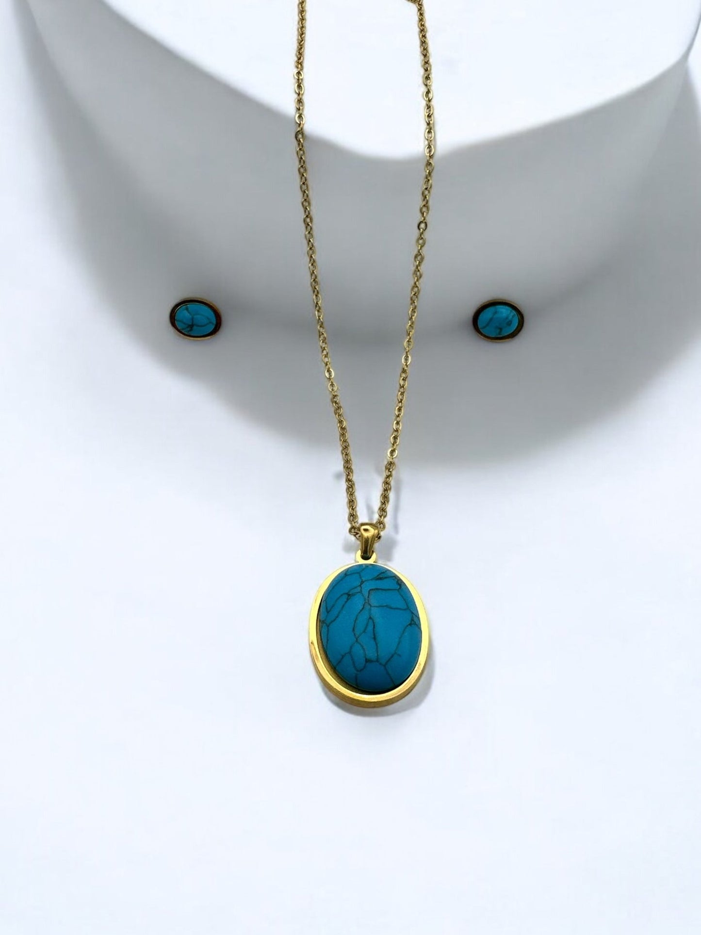 Oval Pendant Necklace & Earrings Stainless Steel Turquoise Jewellery Set - Fatisha Boutique