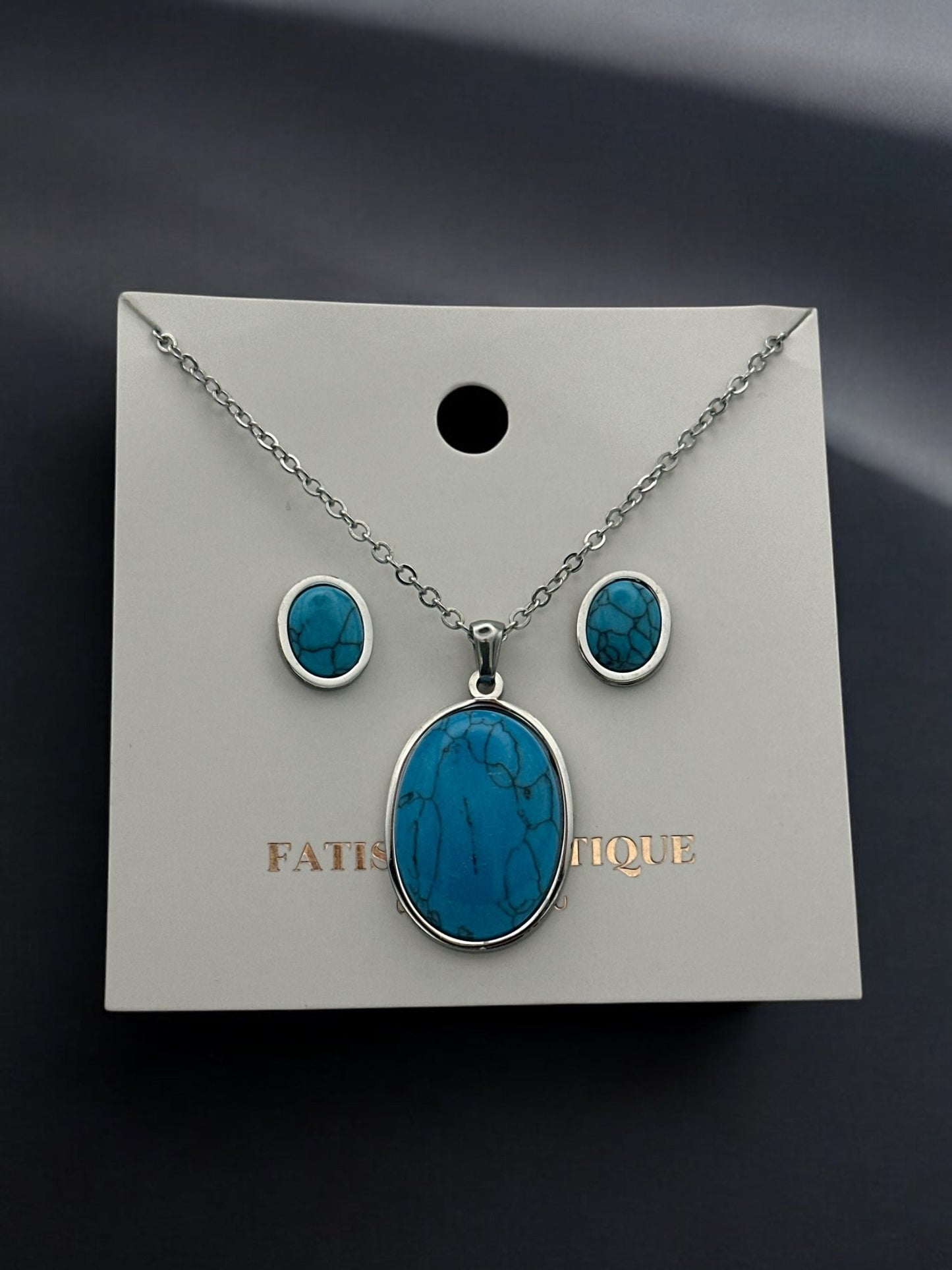 Oval Pendant Necklace & Earrings Stainless Steel Turquoise Jewellery Set - Fatisha Boutique