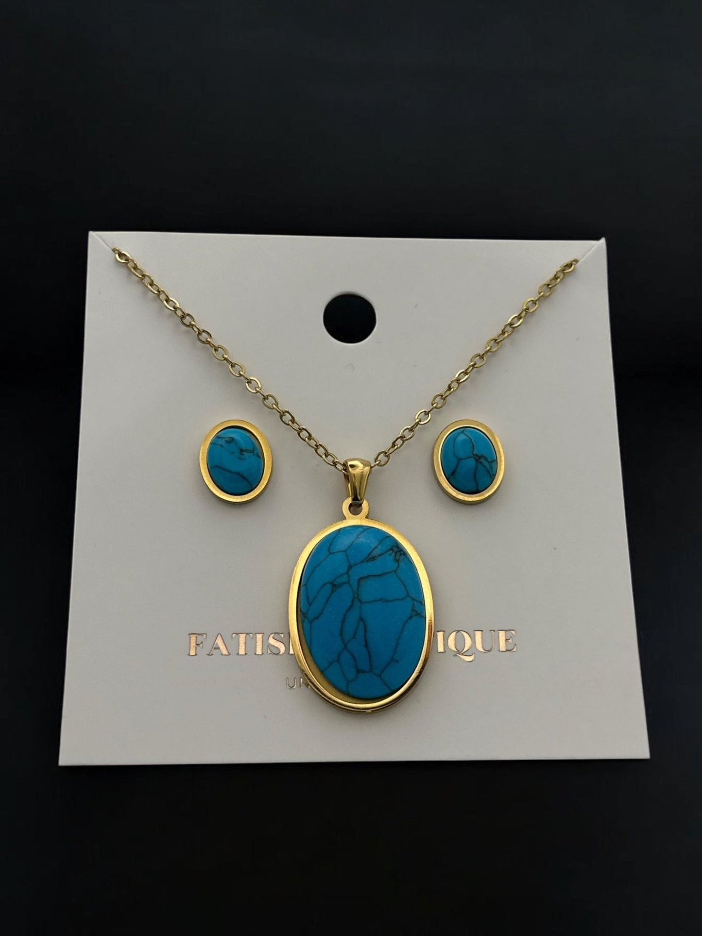 Oval Pendant Necklace & Earrings Stainless Steel Turquoise Jewellery Set - Fatisha Boutique