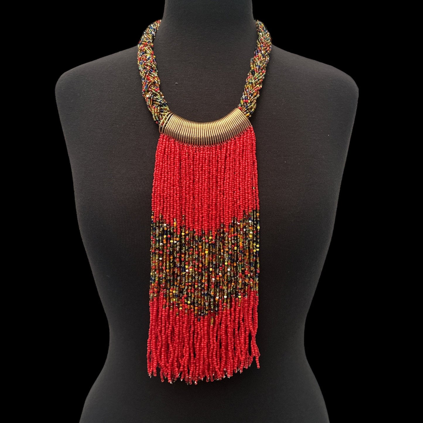 Red African Beaded Necklace – Handmade Fringe Tribal Jewellery - Fatisha Boutique