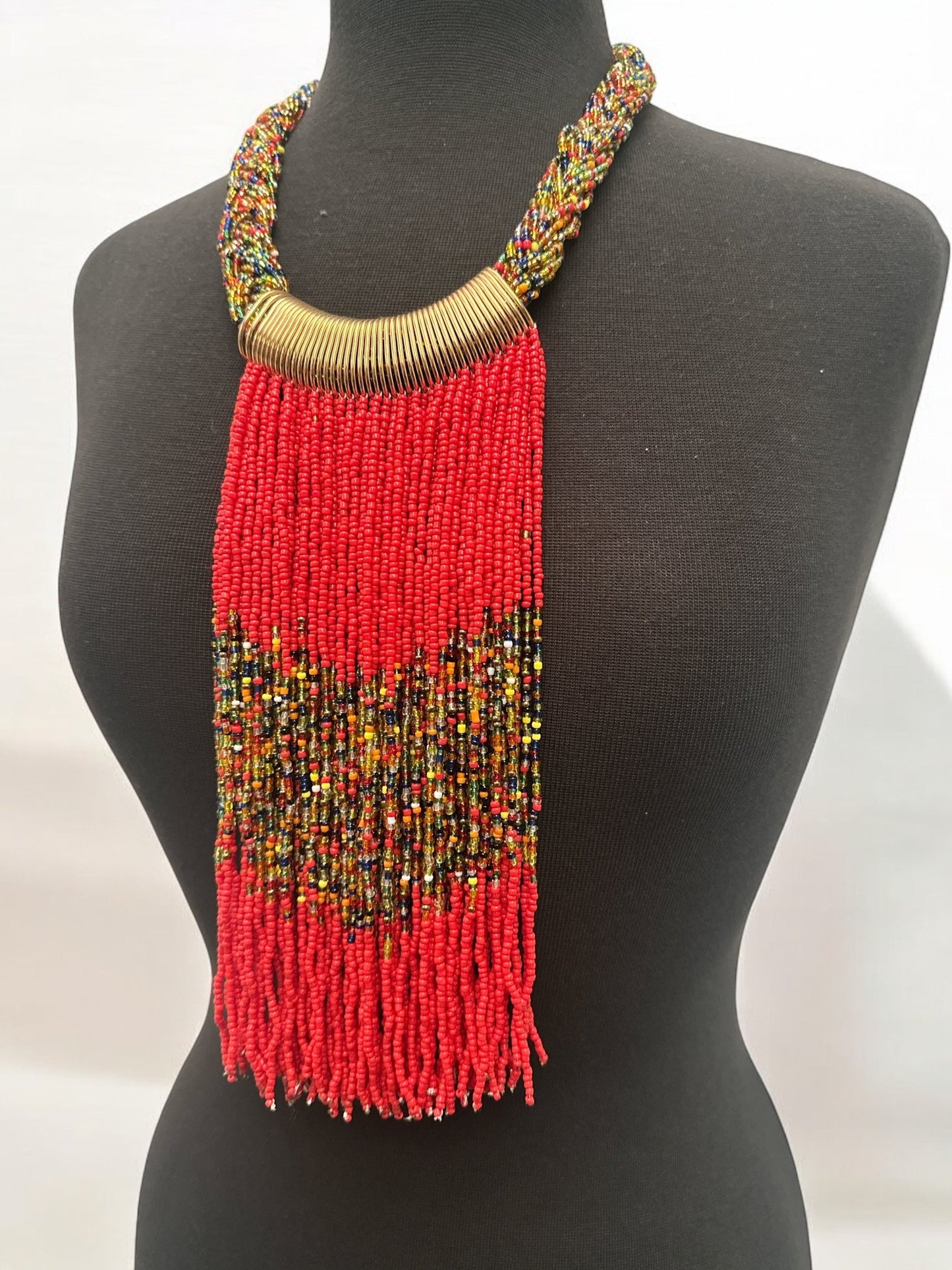 Red African Beaded Necklace – Handmade Fringe Tribal Jewellery - Fatisha Boutique