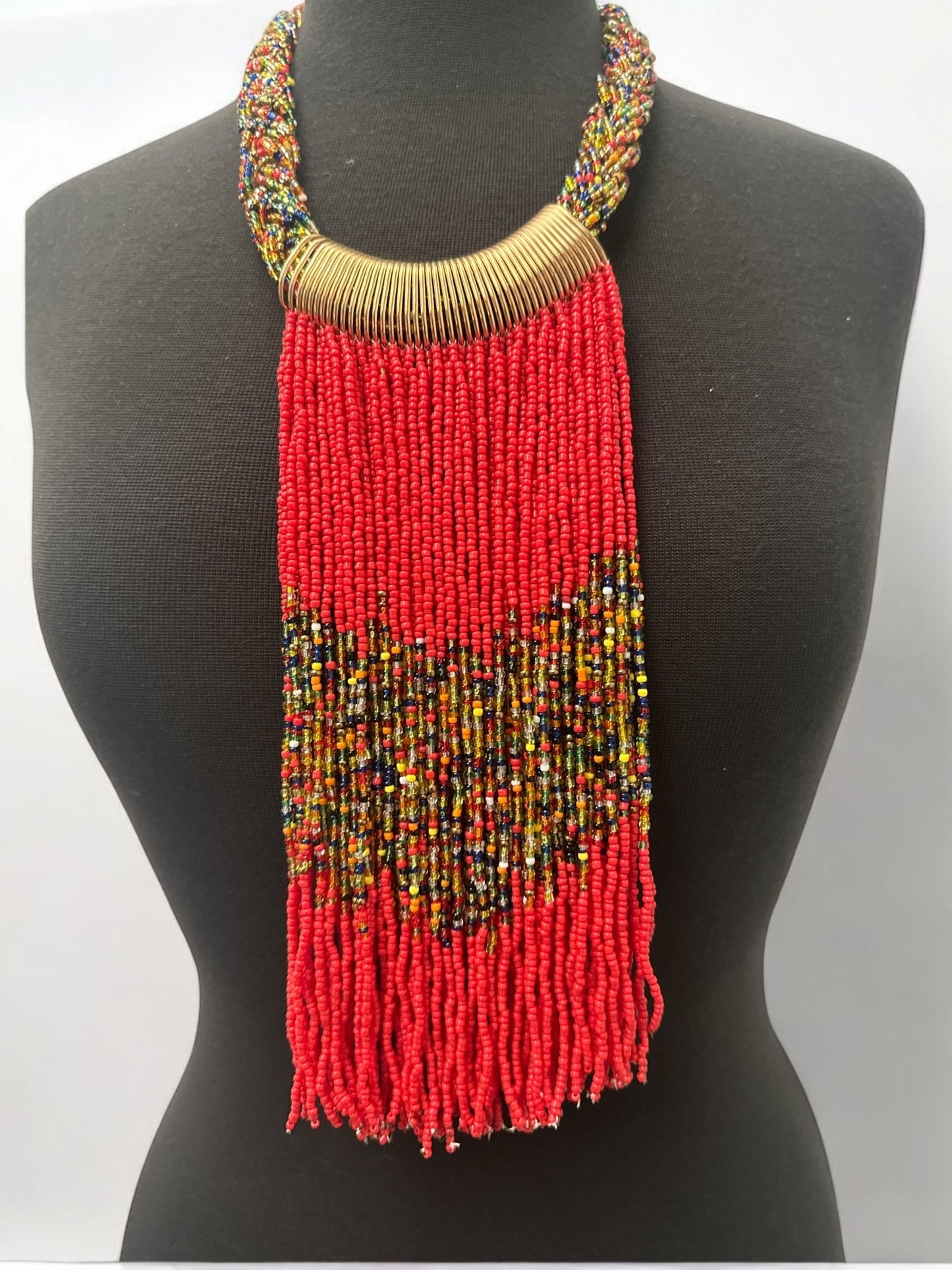 Red African Beaded Necklace – Handmade Fringe Tribal Jewellery - Fatisha Boutique