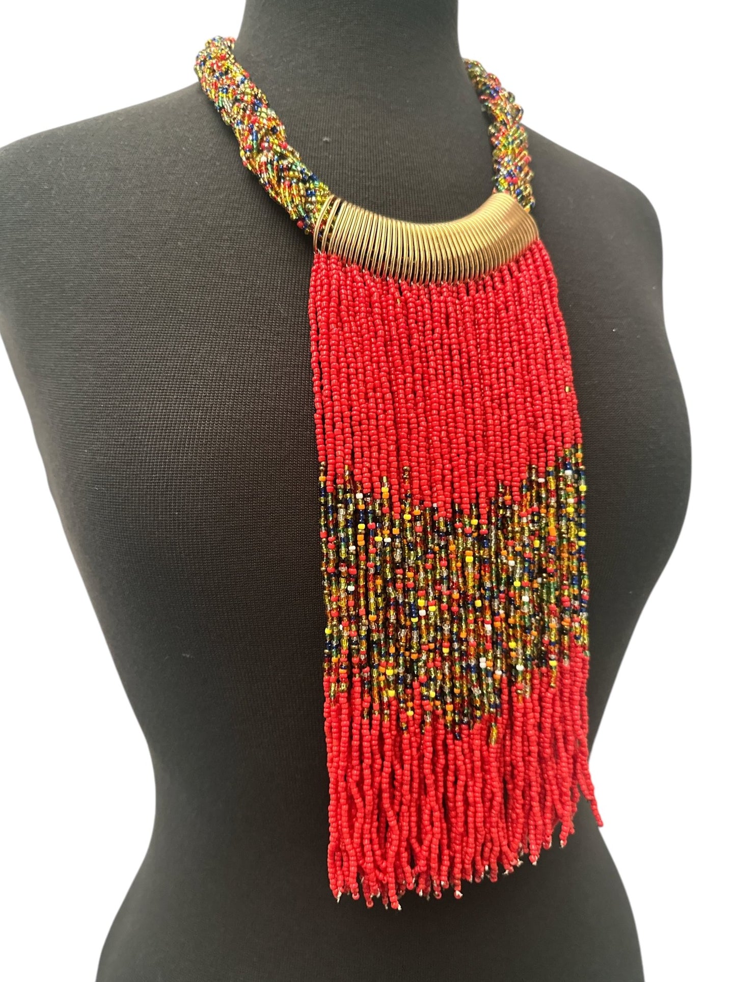 Red African Beaded Necklace – Handmade Fringe Tribal Jewellery - Fatisha Boutique